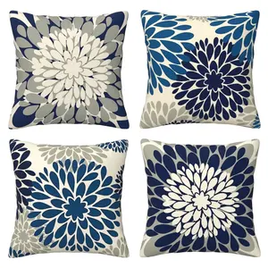 Deep blue gray dahlia decorative pillow set with large flower geometric modern art style, suitable for porch, outdoor home decoration, farmhouse style sofa cushion cover, housewarming gift, 4-piece set with double-sided printing
