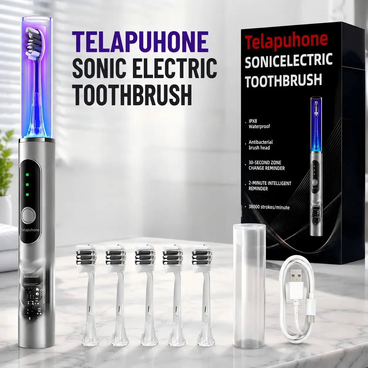 IPX8 Sonic Electric Toothbrush for Adults, Rechargeable with 6 Modes, Brush Head Care, 5 Replacement Brush Heads & UV Sanitizing Base