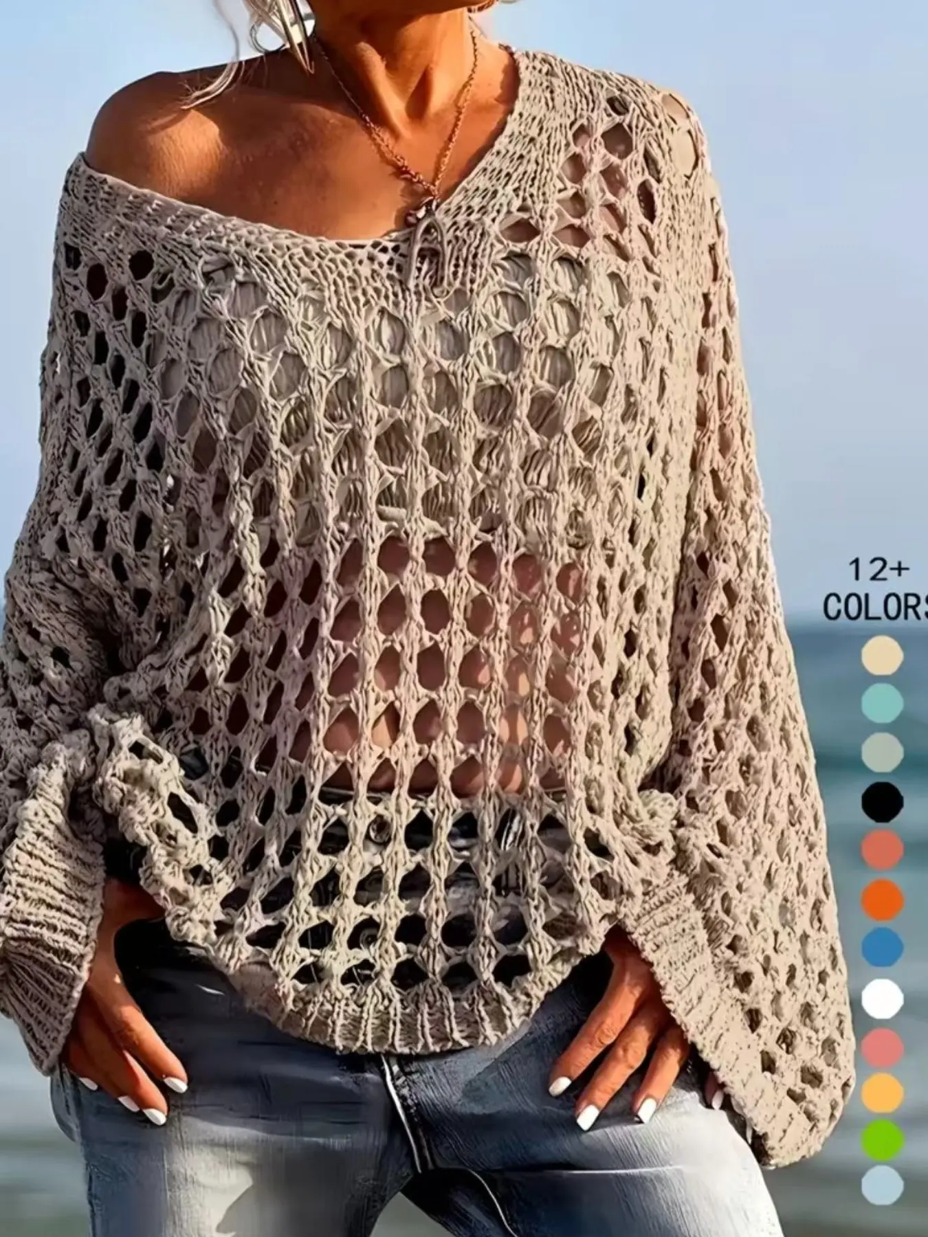 Summer Vacation Hollow Out Loose Fit Pullover Knitted Sweater, Casual Large Size Women's Top Womenswear, Comfortable, Stylish and Aesthetic Clothing, Knitwear