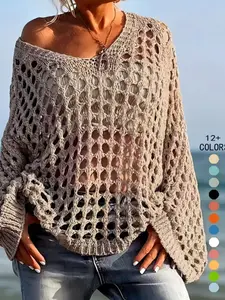 Summer Vacation Hollow Out Loose Fit Pullover Knit Sweater, Casual Large Size Women's Top, Comfortable and Stylish Clothing