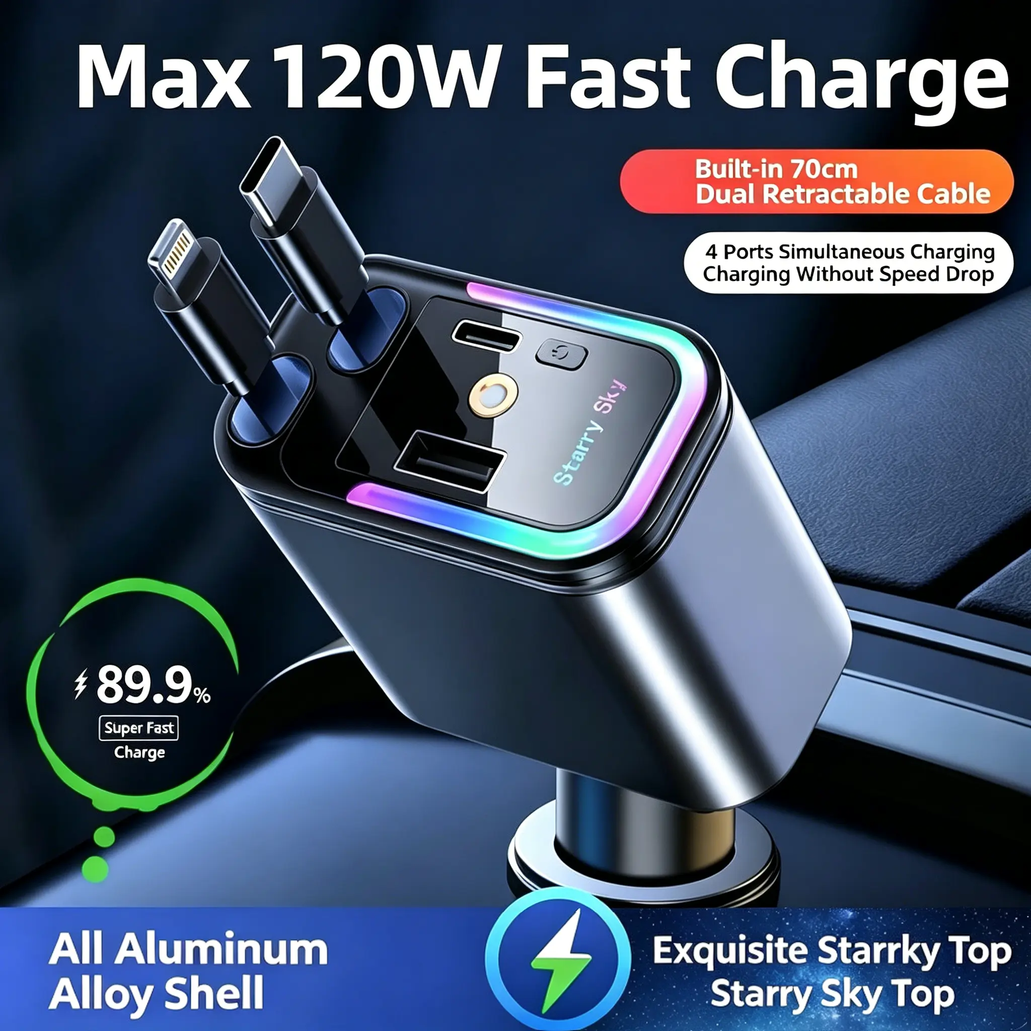 BLICE Collapsible Car Charger with Starry Sky RGB Lights, PD Quickcharge, 4-in-1 USB-C & USB Port Interfaces, Compatible with iPhone & Android Phones, Fast Charger Iphone
