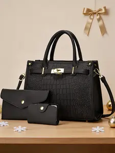 Women's Fashionable Crocodile Embossed Handbag, Large-Capacity Shoulder Crossbody Bag, Stylish Handbag Wallet Set for Everyday Use