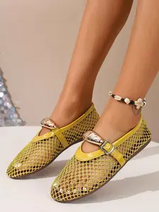 Summer New Breathable Hollow Out Round Toe Single Shoe, Fishnet Flat Shoes, One Strap Lace-Up Hollow Sandals, Women's Fashion Footwear