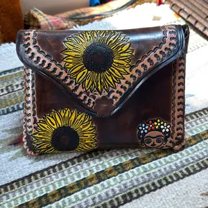 Brown Crossbody Bag with Sunflower and Small Frida Khalo Design Handmade in Mexico Unique Artwork