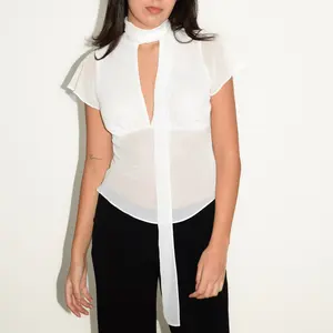 Women Summer T-Shirt Casual Sheer V-Neck Flutter Sleeves Tops with Scarf for Streetwear Aesthetic Grunge Clothes