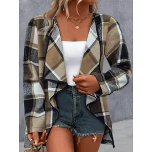 【Plus Size】 Plaid Print Waterfall Collar Long Sleeve Jacket, Casual Long Sleeve Open Front Outerwear for Winter, Women's Clothes for Daily Wear