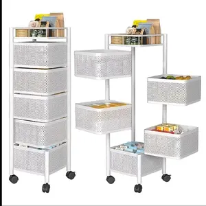 5-Tier Rotating Kitchen Storage Rack with Wheels – Square Metal Fruit & Vegetable Basket Organizer Trolley