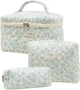 3-Piece Cotton Quilted Makeup Bag Set – Large Aesthetic Flower Cosmetic & Travel Toiletry Organizer for Women, Blue Flower