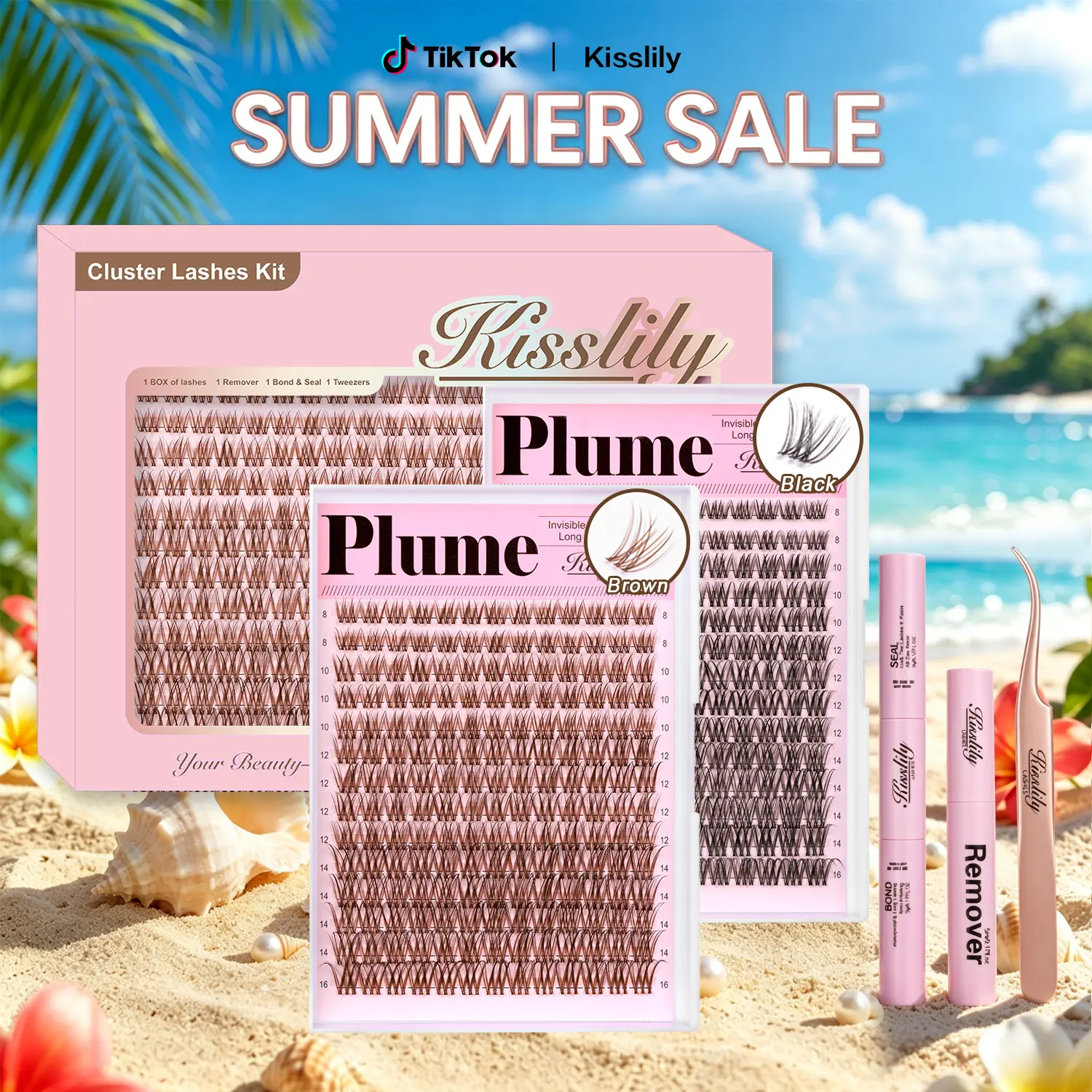 Plume | Kisslily Brown Lash Clusters Invisible Band Natural Lash Extension Kit with Bond & Seal Mascara Look DIY Lashes 8-16mm C Curl D Curl Long Lasting Beginner Friendly #summerfinds #SummerWins