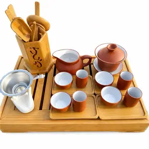Gaiwan Tea Sets with Chinese Art Cherry Blossoms and Birds Design Ceramic Set Includes Gaiwan Serving Pot 6 Cups Strainer Strainer Holder Handwash Only Tray