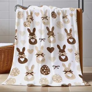 1pc Easter Bunny Egg Heart Pattern Throw Blanket - Lightweight Flannel Bedspread Suitable for Sofa, Bed, Chair - Spring & Year-Round Cozy Contemporary Bedding Decor Gift