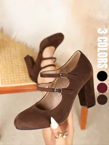 Elegant Women's Mary Jane High Heels, Comfortable Velvet Design, Buckle Strap Round Toe Thick Heel, Perfect for Parties, Weddings, Work, Stylish