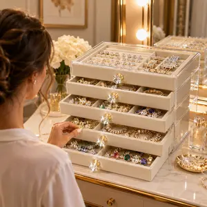 5-Layer Jewelry Organizer Box with Clear Lid, Large Capacity Jewelry Storage Case for Rings, Earrings, Necklaces & Bracelets, Velvet Drawer Jewelry Display Organizer, Dustproof Stackable Jewelry Holder for Vanity & Bedroom,jewelry box