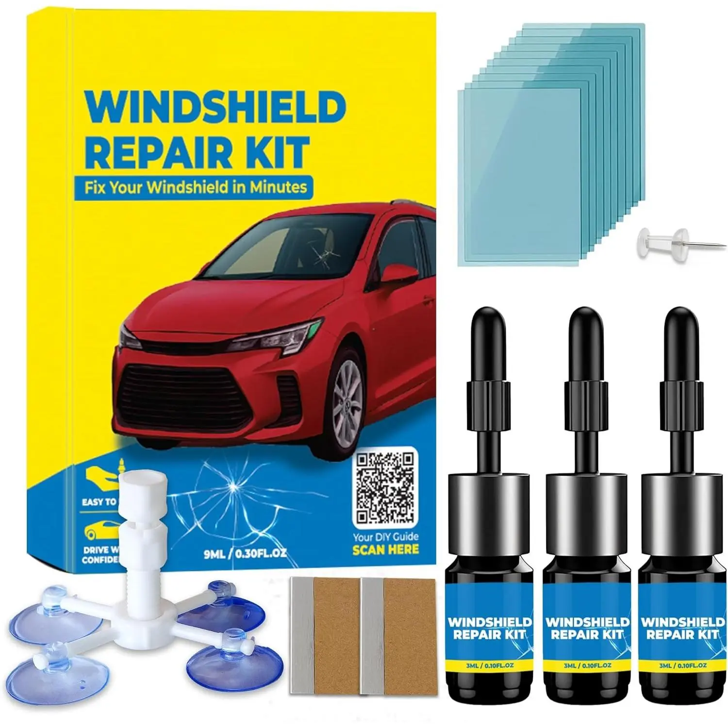 Automotive Windshield Crack Repair Kit Set - 3 Bottles Nano Quick Fix DIY Repair Liquid, Easy Tools for Car Glass Chips, Bullseye, Scratch Removal