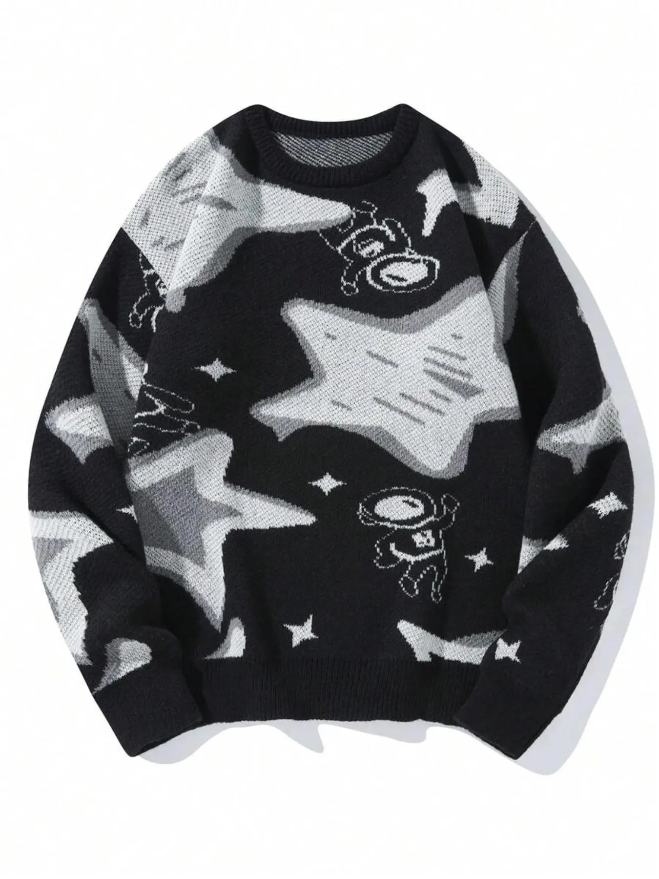 Men's Star & Astronaut Print Drop Shoulder Polyester Pullover Sweater, Regular Fit Casual Long Sleeve Round Neck Graphic Sweater Top Jumper for Fall & Winter, Fashion Men's Casual Chic Knitwear Tops for Daily Wear