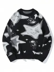 Men's Star & Astronaut Print Drop Shoulder Sweater, Regular Fit Casual Long Sleeve Round Neck Jumper for Fall & Winter, Fashion Men's Knitwear Tops for Daily Wear