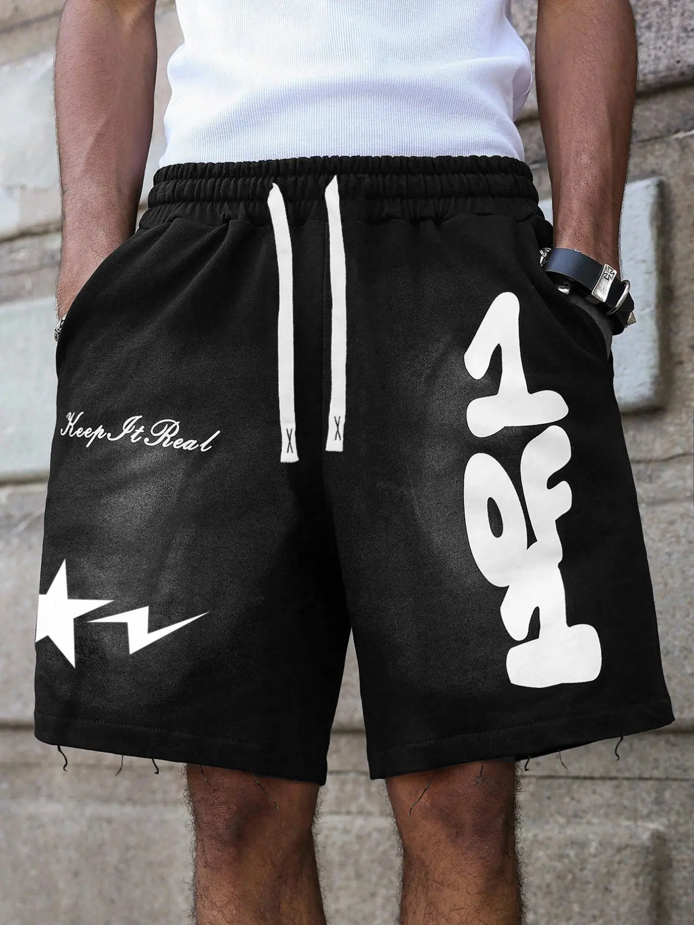 Men's Casual Trendy Everyday Shorts 'stay True' Slogan Graphic Print + Star Lightning Geometric Design Elastic Drawstring + Breathable, Summer Daily Wear Optimal Choice Casual Streetwear Shorts Menswear