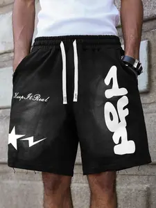 Men's Casual Streetwear Hip-Hop Graphic Print Fitted Shorts, Keep True Slogan, Star Lightning Print, Soft Fabric, Perfect for Daily Wear