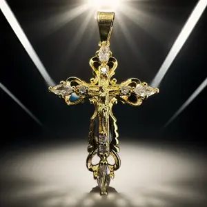 Gold Plated Cross Pendant with 14k Gold and Diamonds - Medieval Design - Elegant Jewelry Piece