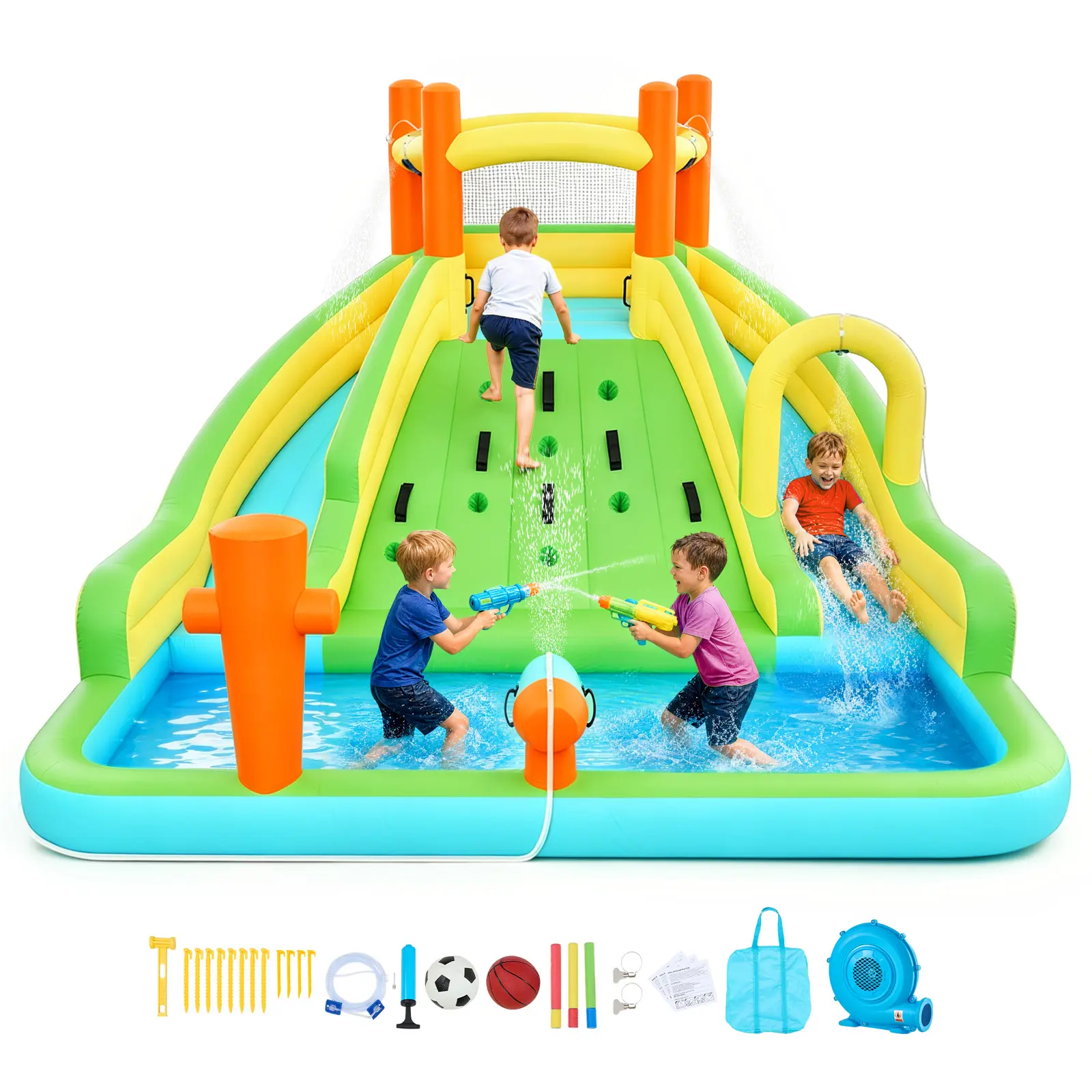 【SummerFinds】VEVOR Inflatable Bounce House Water Park Playground Equipment, 13.3x11.4x8.4ft Bouncer Castle with Climbing Wall, Double Tall Water Slide, Splash Pool, Mini Soccer, for 3-4 Toddlers Ages 3-8, Outdoor Toddler Playground Outdoor Toy