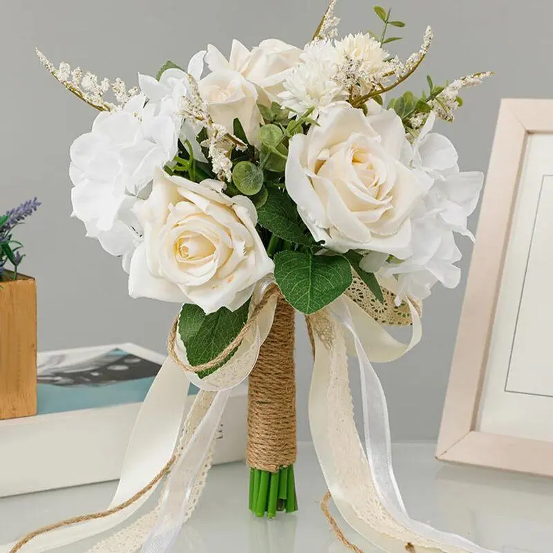 Large Artificial White Champagne Rose Wedding Bouquets for Bride, Decorative Fade-Resistant Reuseready Wall Decor for Wedding Church Home Decoration