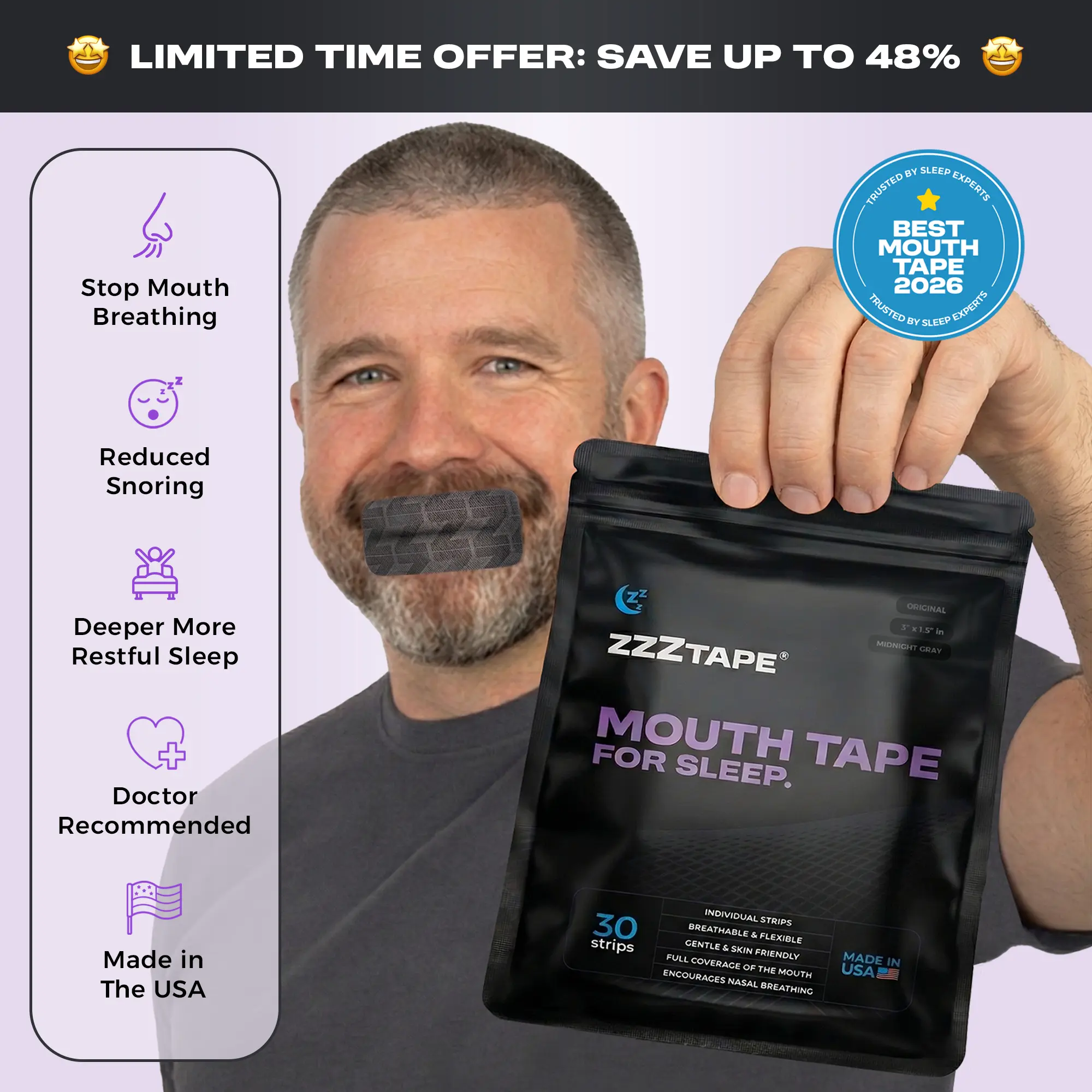 ZzzTape Mouth Tape - Enjoy mouth tape benefits for better sleep. Great before and after. Works with beards and mustache. Breathable and hypoallergenic
