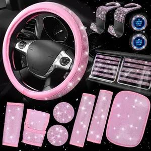 Bling Car Accessories Set for Women, Sparkly Rhinestone Diamond Steering Wheel Cover Seat Belt Cushion Glitter Shift Knob Cover Car Cup Holder Coaster Cute Interior Sets