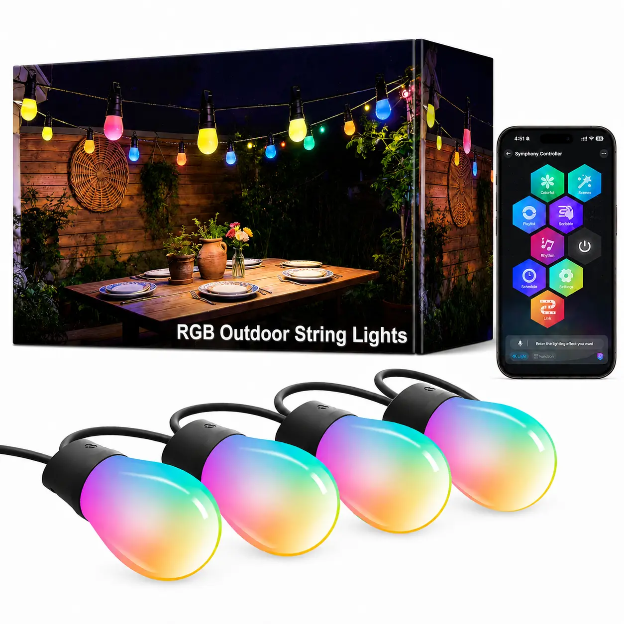 S14 Smart RGBIC Outdoor String Lights (50FT/100FT/150FT) - Dimmable LED Bulbs, App & Bluetooth Control, IP65 Waterproof, Backyard Oasis Mood Lighting, Party Lights, Outdoor Halloween Decor