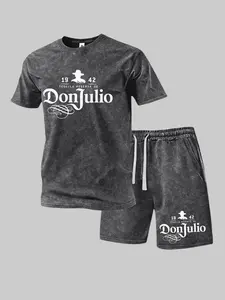 Men’s summer letter-print washed cotton athletic short-sleeve top and shorts set; casual loose fit with a drawstring waist; beach shorts with pockets; emo/moody aesthetic; Y2K style; suitable for running, golf, fishing, basketball, camping, gym, swimming,