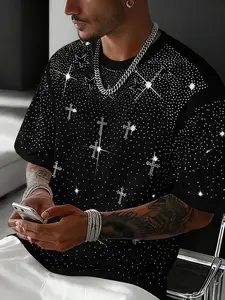Unisex Rhinestone Cross Pattern Round Neck T-Shirt Top, Urban Streetwear Style Glam Design, Shiny Fashion for Daily Wear and Night Out, Casual Long Fitted Tee, Menswear