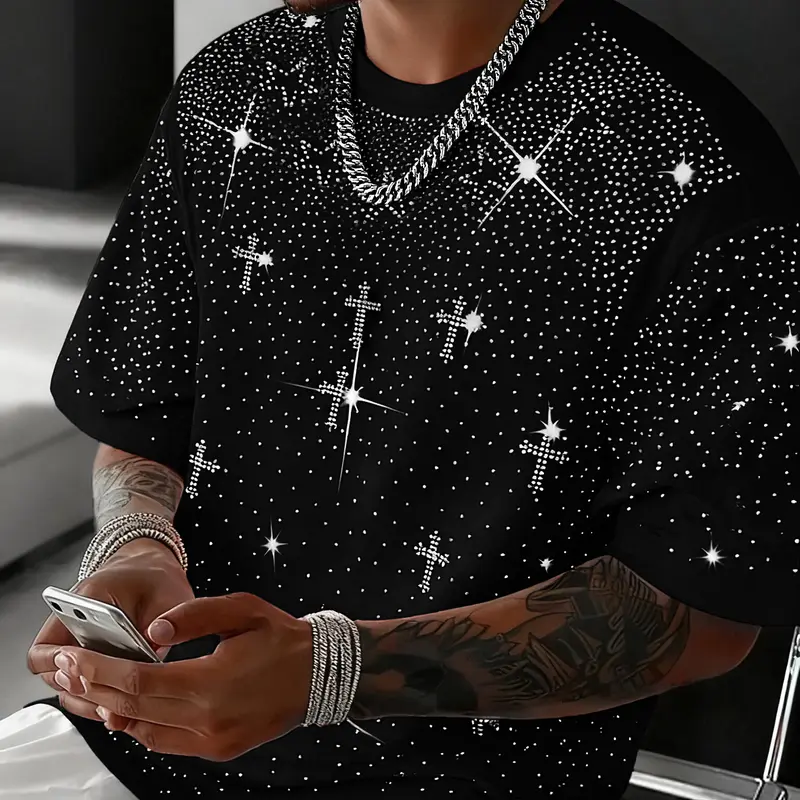 Unisex Rhinestone Cross Pattern Round Neck T-Shirt Top, Urban Streetwear Style Glam Design, Shiny Fashion for Daily Wear and Night Out, Casual Long Fitted Tee, Casual Stylish Tee, Casual Fashion Clothing, Menswear