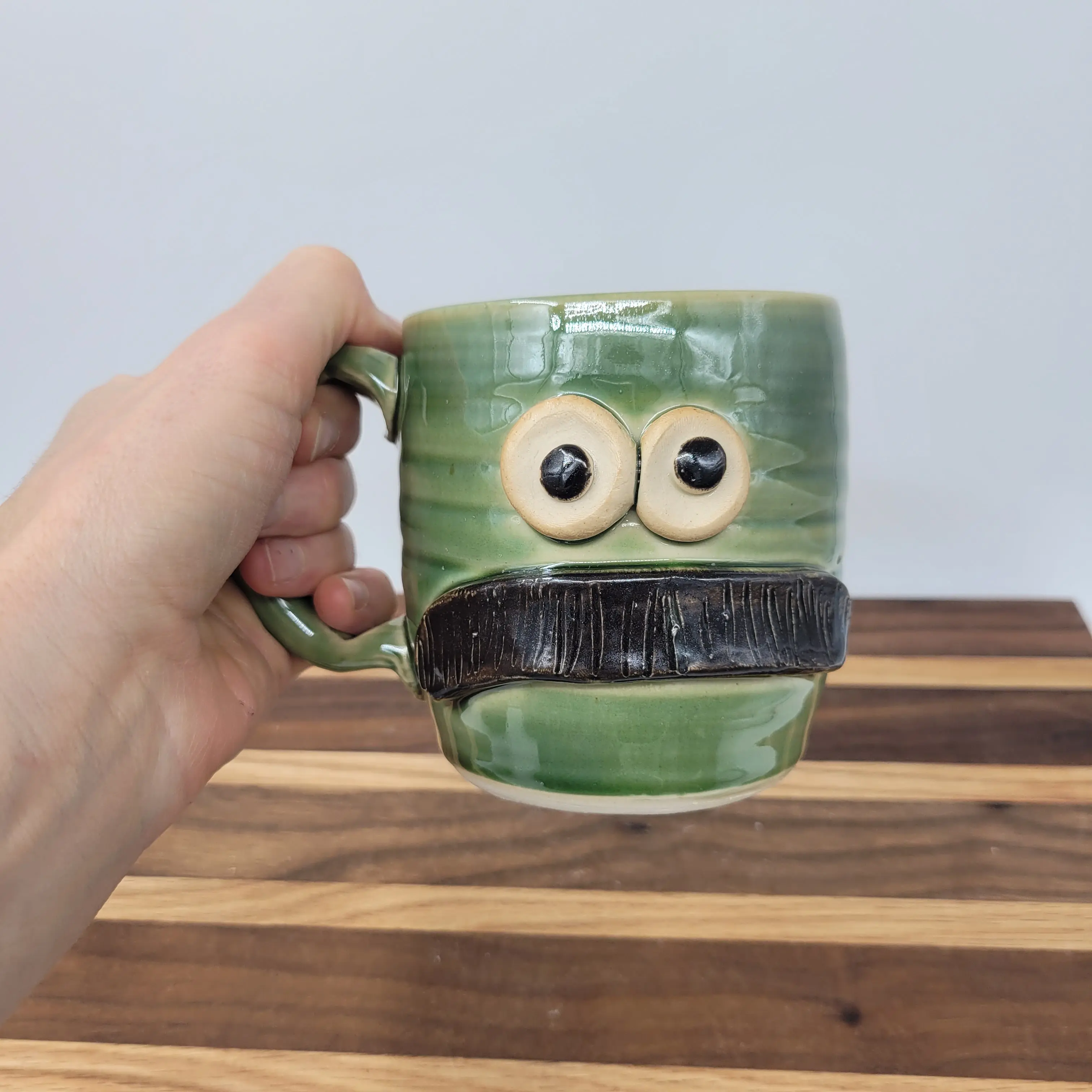 Bushy Mustache Mug | Ceramic Stoneware Pottery Coffee Cup | Microwave Dishwasher Safe | Green
