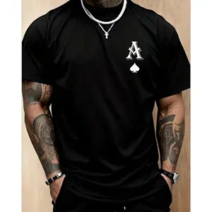 1pc Men'S  "A" Print T-Shirt, Casual Sports Crew Neck Short Sleeve Top,  Slight Stretch, Geometric Pattern - Machine Washable