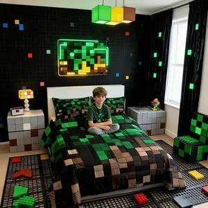 Miners Pixel Checked Comforter Set,Video Games Check Lattice Bedding Set,Game Cartoon Gamepad Quilt Comforter,Green Brown Duvet Insert