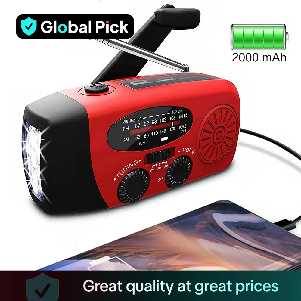 2000mAh Radio Hand Crank, Solar Powered/USB Rechargeable FM AM WB NOAA Weather Radio, Emergency LED Flashlight Power Bank for Holiday Birthday