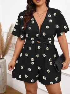 Plus Size Floral Knot V-Neck Romper, Hollow Out Waist Short Sleeve One-Piece, Perfect for Breakfast Dates, Coffee Shops, Shopping, Beach, Parties