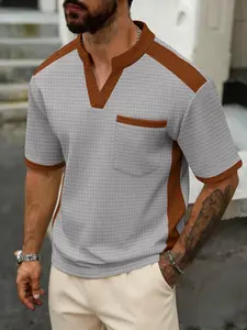 Men's Business Casual Waffle Knit V-Neck Short Sleeve Shirt, Stylish and Comfortable, Perfect for Office and Daily Wear