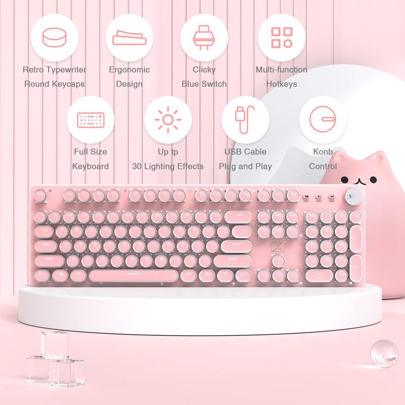 XINMENG Wired Pink Typewriter Keyboard and Mouse Combo,Retro Vintage Mechanical Gaming Keyboard with White LED Backlit,104 Keys Anti-Ghosting Blue Switch Cute Keyboard,Round Keycaps,4 Color Backlit Mouse,Pink Mousepad for Desktop PC/Laptop Mac