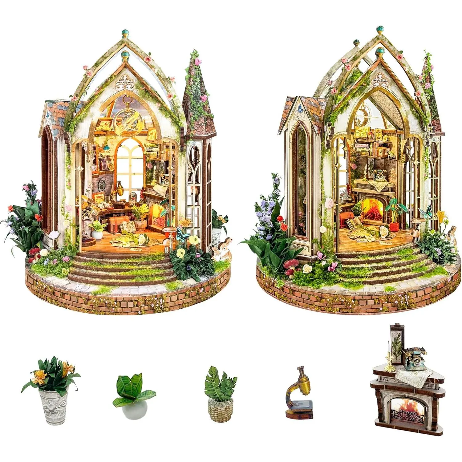 3D DIY Miniature Greenhouse Book Nook Diorama Kit - Touch-Sensitive LED Lights, Hanging Plants, Arched Windows, Cozy Interior, Potted Herbs, Botanical Design - Adult Craft Lovers' Dollhouse Playset, Miniature Bookshelves Insert, Creative Bookshelf