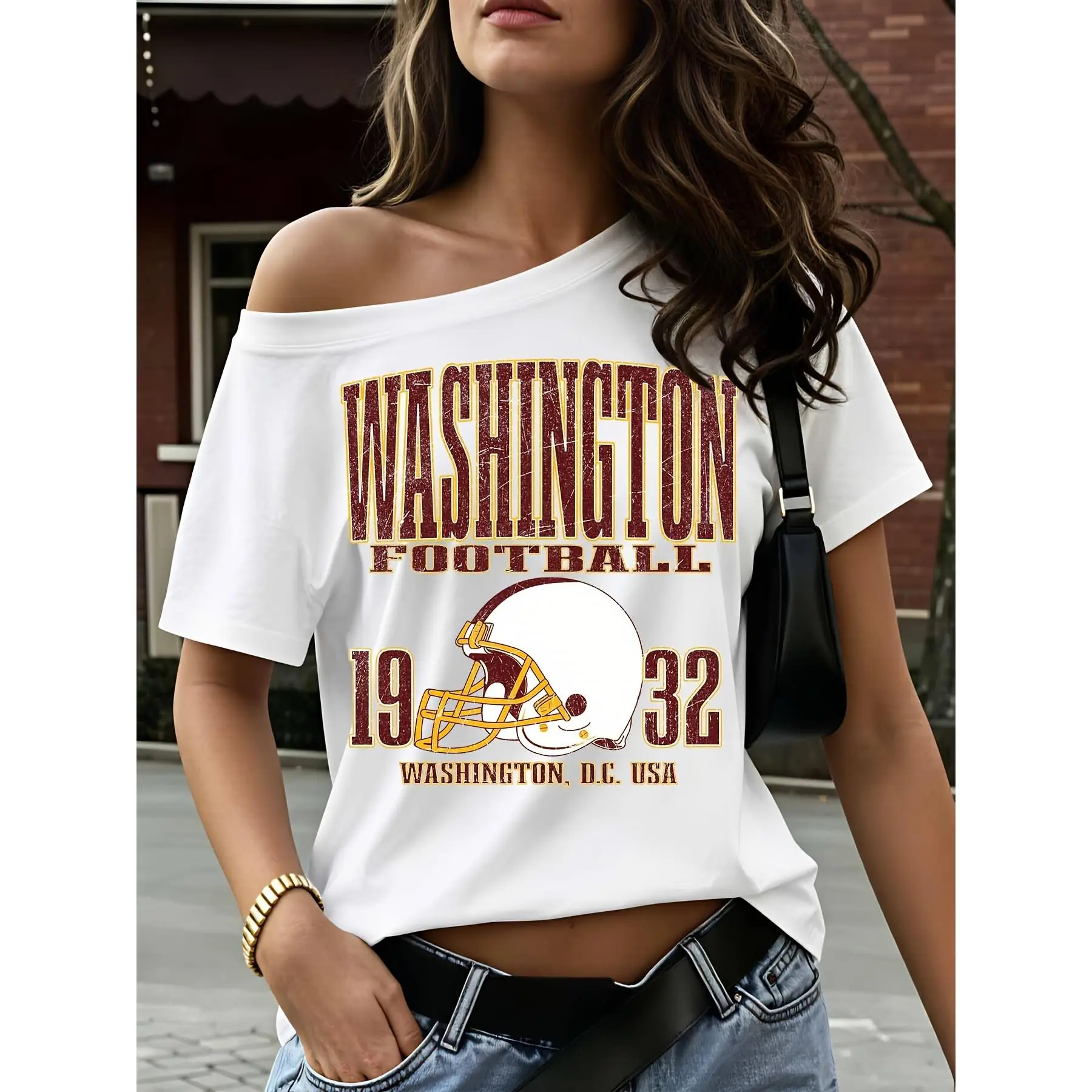 Washington Football 1932 Helmet Print, Women's Off-The-Shoulder T-Shirt, Vintage Sports Fan Apparel, Casual Streetwear Game Day Outfit