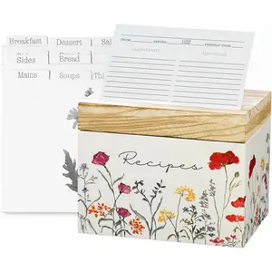 Wooden Recipe Box with Cards & Dividers – Wildflower Floral Design – Includes 100 4x6 Recipe Cards, 12 Dividers & Built-In Recipe Holder Slot – Rustic Farmhouse Kitchen Organizer