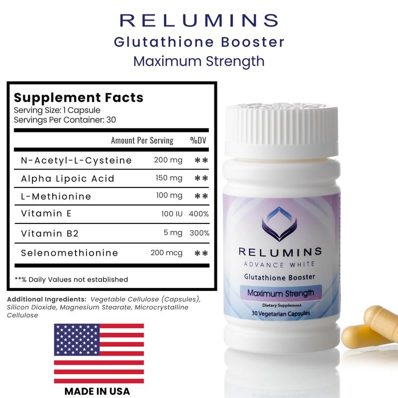 Relumins Advanced Glutathione Booster - Max Strength - 30 Vegetarian Capsules - Halal Certified - Supports Healthy Skin and Good Antioxidant Levels for Overall Wellness