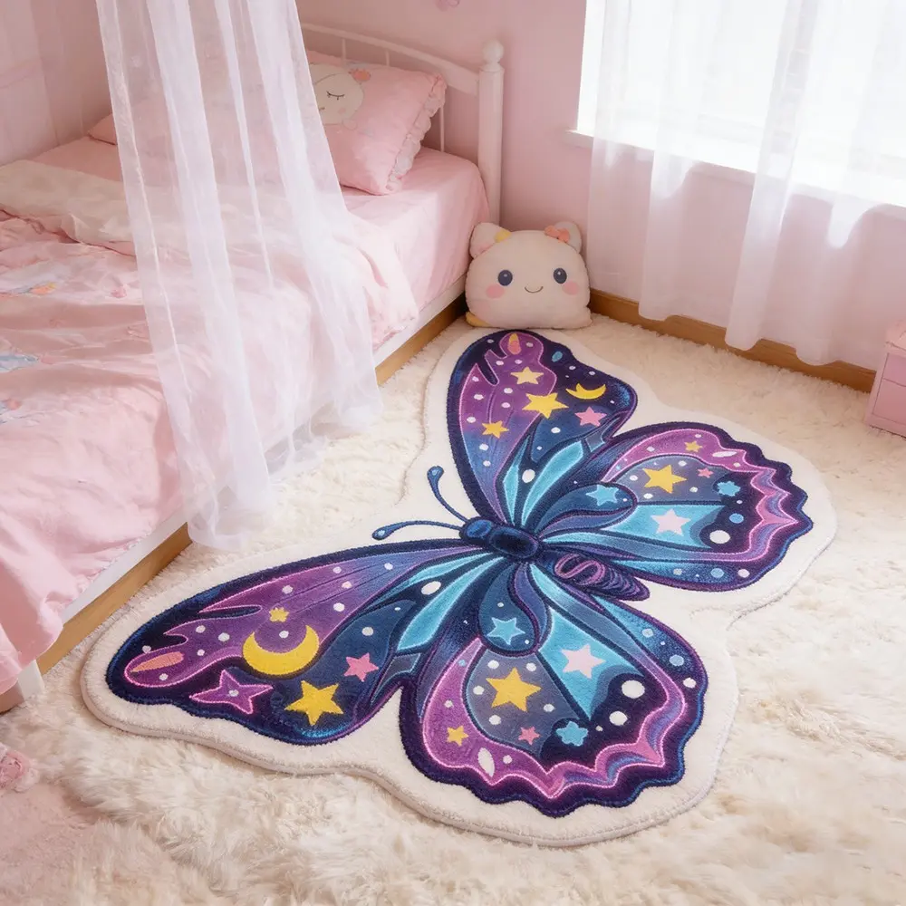 Dreamy Starry Butterfly Shaped Carpet, Cute Plush Bedroom Rug, Butterfly Area Rug, Soft Puffy Home Decor Mat, Fluffy Rug, Decorative Rugs, Home Decor Rugs, Suitable for Living Room, Lounge, Balcony, Bathroom