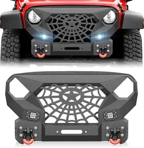 【YZONA】Front Bumper Grille Compatible with 2007-2018 Jeep Wrangler JK JKU Unlimited 2/4 Doors with 12,000 LBS Winch Plate, 2 x 18W LED Lights & 2 x 4.75-ton D-rings, Off-Road Steel Bumper