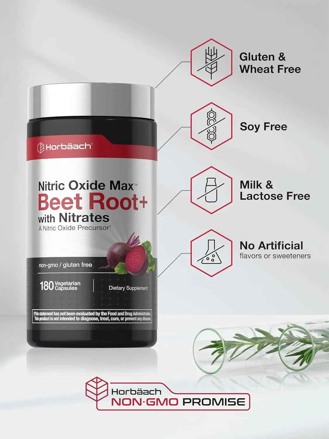 Horbäach Nitric Oxide Beet Root Capsules | 180 Count | with Nitrates and Precursor | for Men and Women | Vegetarian, Non-GMO, Gluten Free Supplement