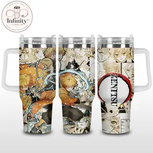Zenitsu Anime Warrior 40oz Tumbler With Handle, Stainless Steel Insulated Travel Cup, Yellow Lightning Manga Graphic Drinkware, Demon Slayer Fan Cup Gift For Everyday Use