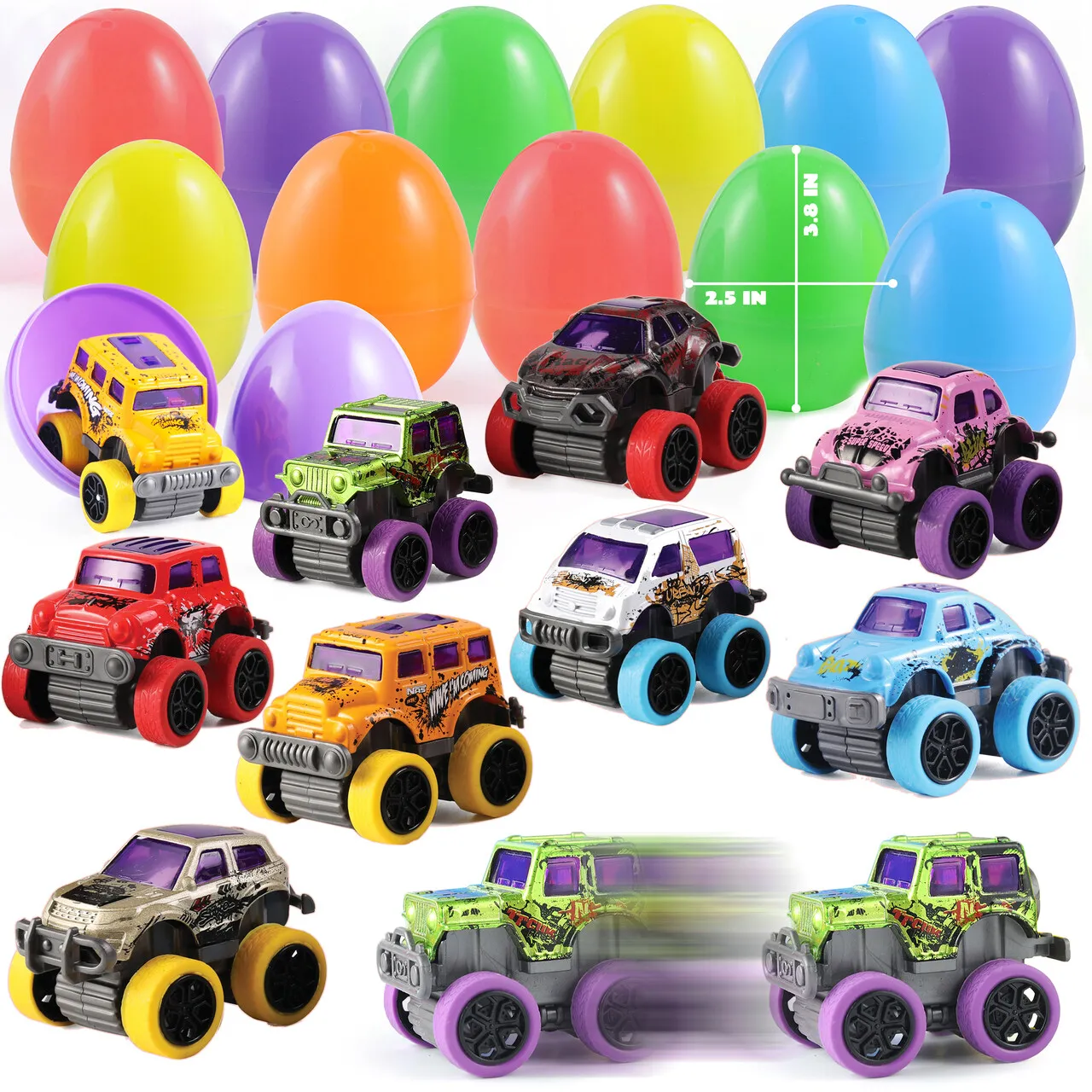 2025 Toys for Kids 12Pcs 3.8in Easter Eggs Packed with Pull Back Monster Cars and Trucks for Easter Egg Hunt / 48Pcs Prefilled Easter Eggs Toys and St