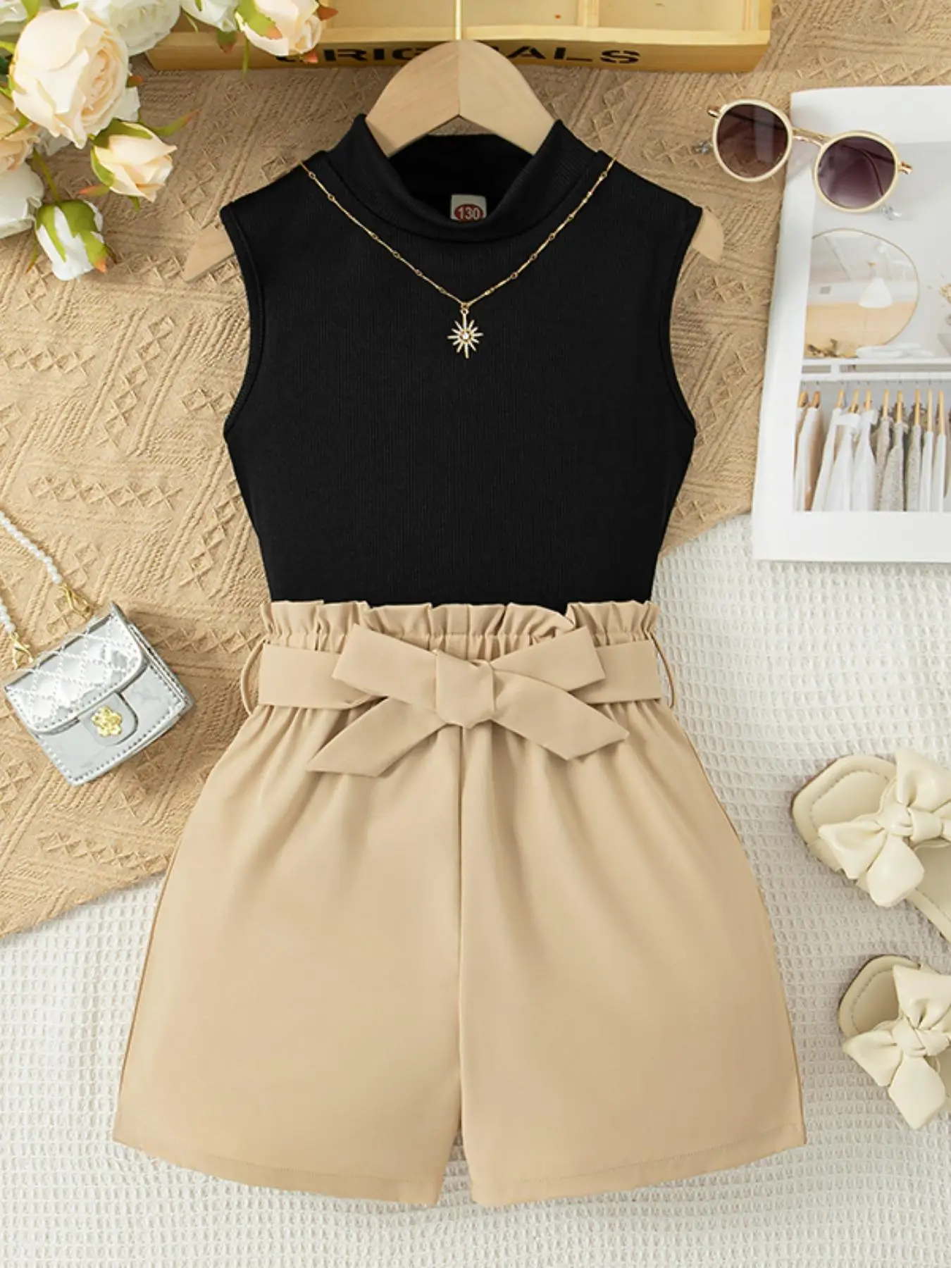 Girl's Solid Color Tank Top & Belted Shorts Two-Piece Set, Casual Sleeveless Top & Shorts for Summer, Kids Clothes for Daily Wear