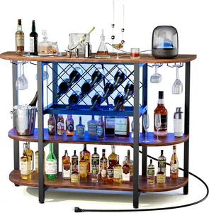 Bar Cart with Charging Station, LED Home Bar Cabinet with Storage, Metal Wine Cabinet, Liquor Cabinet Table with Glasses Holder and Wine Bottle Holder