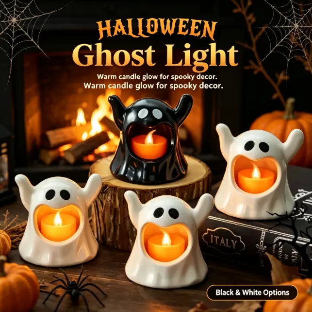 Open-Mouthed Black-and-White Ghost LED Candle Light, Portable Festive Decor, Indoor-Porch Party Use, Halloween Mysterious Atmosphere Supply
